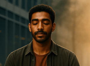 Person centered in calm awareness amid modern chaos, representing the transformation from burnout to balance through consciousness development and self-discipline.