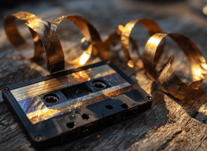 a cassette tape with an unraveling pattern